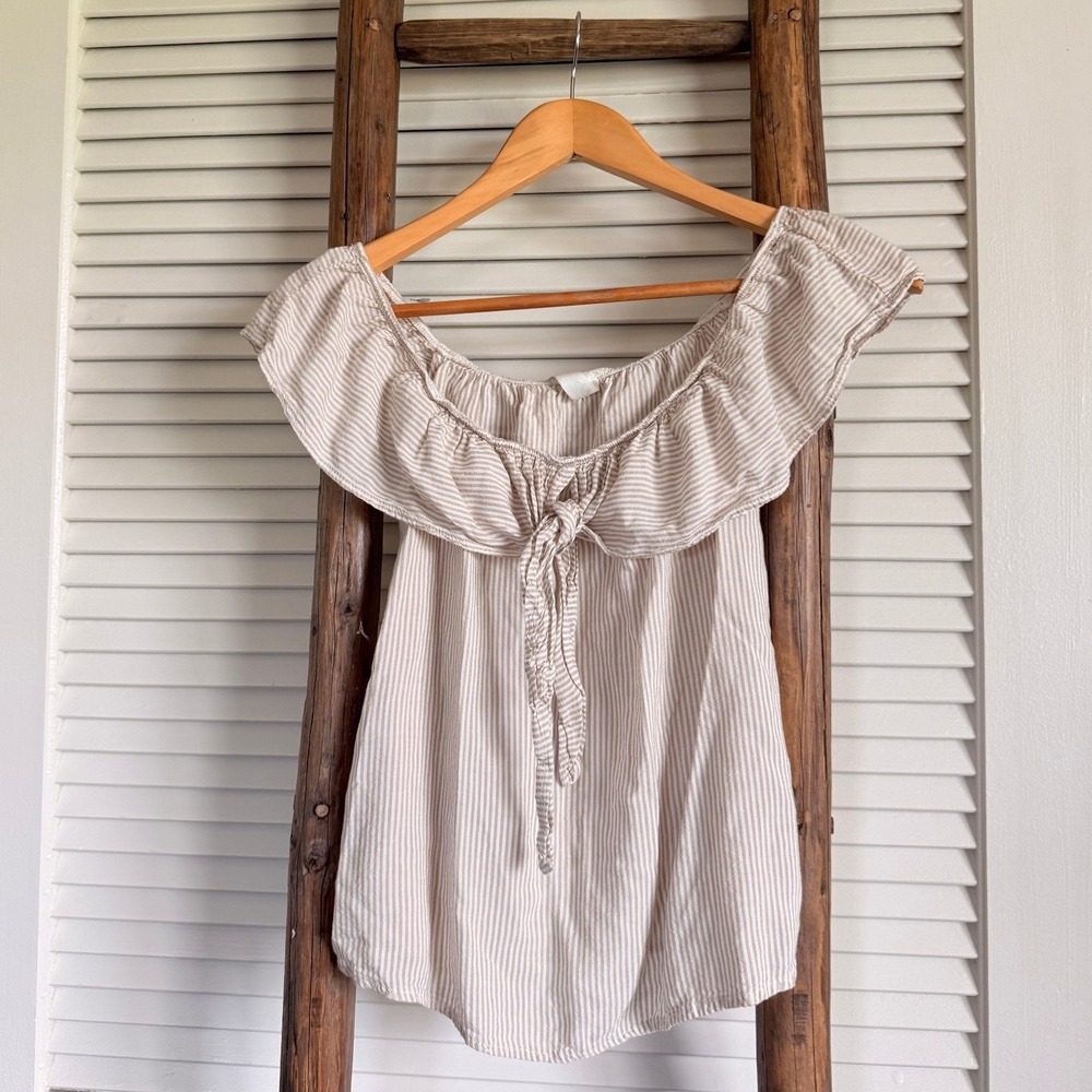 Mahina Off The Shoulder Top Small Tan White Striped Ruffle Tie Front Blouse